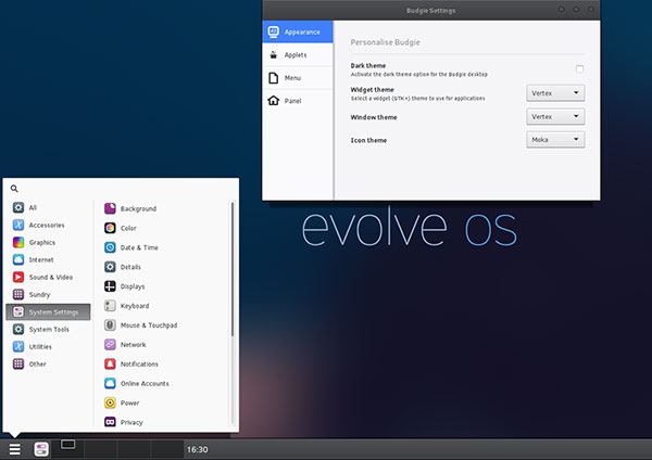 Evolve OS Linux: budgie DE